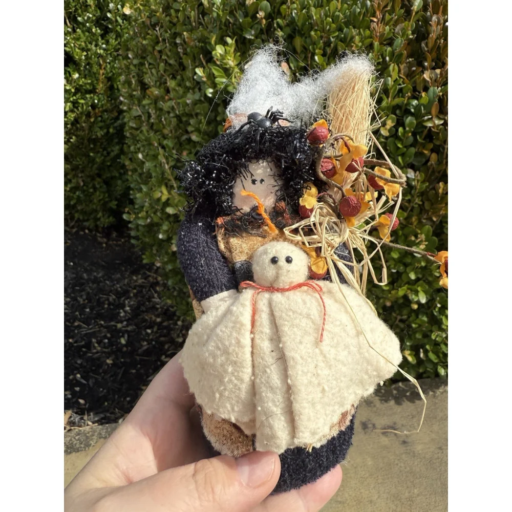 Primitive Style Witch Doll With Ghost Made In USA Handmade Halloween